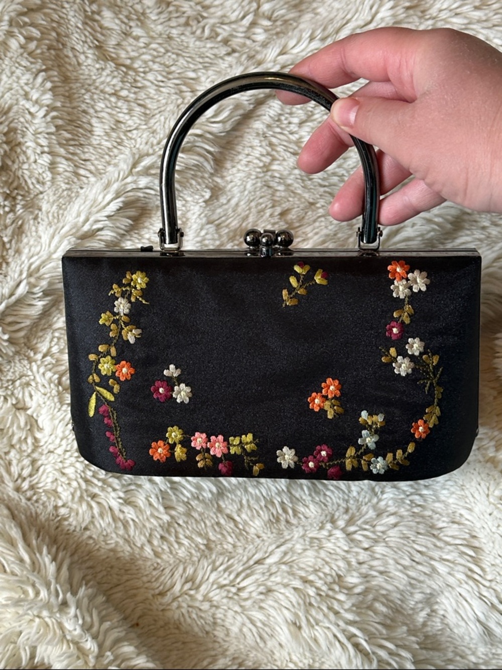 Black Floral Embroidered Top-Handle Evening Bag - Picture 2 of 7